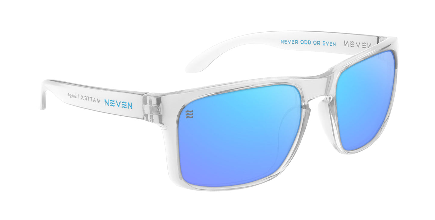 The Surge by Neven Eyewear features clear rectangular frames, blue mirrored polarized UV400 lenses, NEVEN on the temples, and NEVER ODD OR EVEN printed inside the right arm—a modern, stylish design with a slightly curved shape.