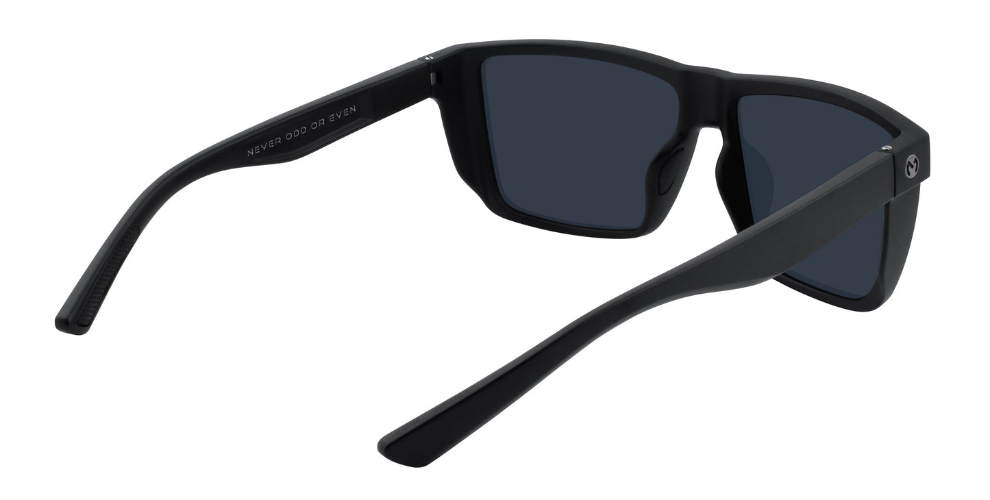 A pair of matte black Neven Eyewear Honey Hole rectangular sunglasses are shown backward, revealing polarized UV400 lenses, a small circular logo on the left arm, and “NEVER ODD OR EVEN” engraved inside the right arm.
