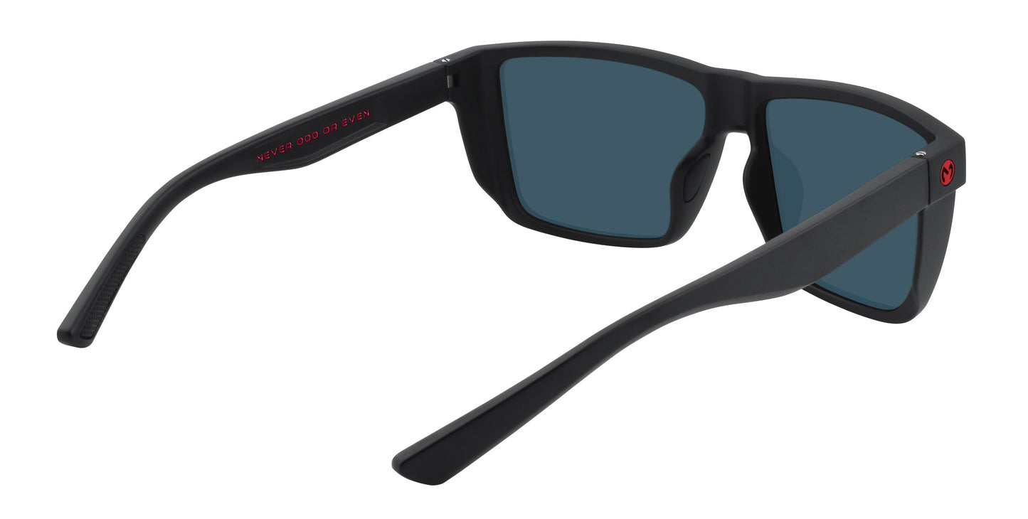 Neven Eyewear’s Long Point sunglasses feature a black matte finish, rectangular polarized UV400 lenses, and red "NEVER ODD OR EVEN" detail on the left inner arm with a small red logo on the right. Shown from an angled rear view.