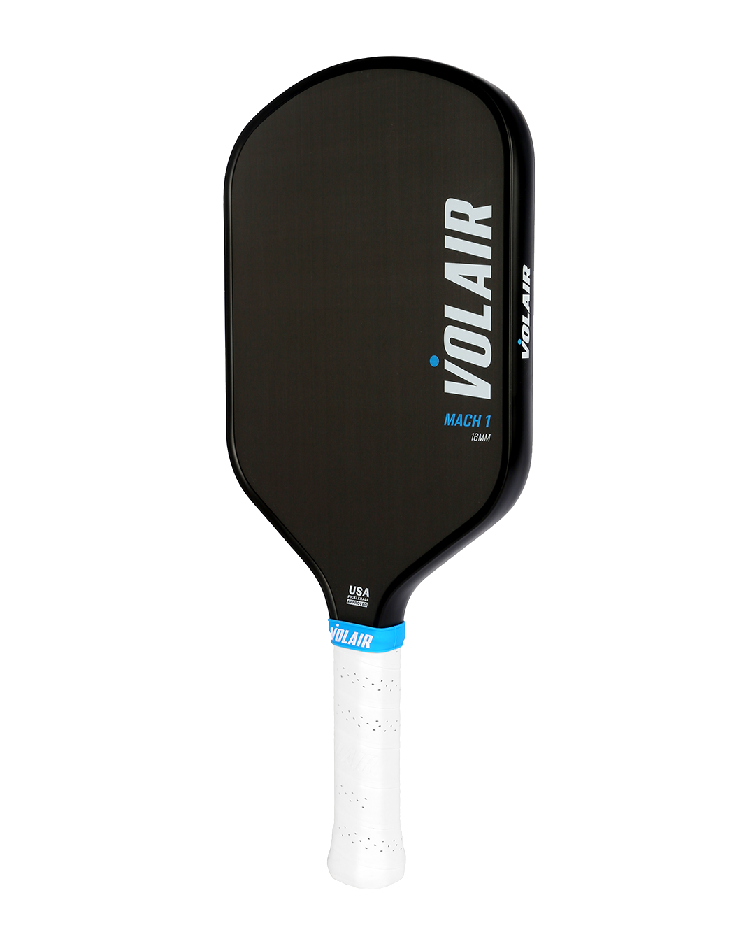 The Mach 1 Pickleball Paddle by Volair Pickleball features a black, rectangular shape with rounded edges, a white grip with a blue band, and bold “VOLAIR” in white and “MACH 1” in blue on the face. Includes Money Back Guarantee.