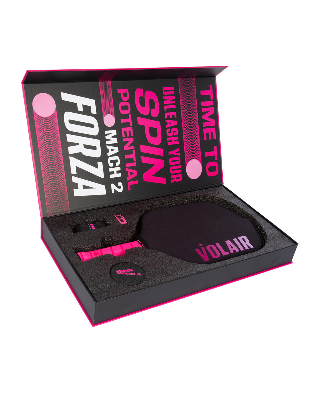 An open Volair Pickleball box displays the USAP approved, widebody Mach 2 Forza Pickleball Paddle set—paddle, keychain, and cover—in foam. The lid reads: “TIME TO UNLEASH YOUR SPIN POTENTIAL FORZA MACH 2” in bold pink and white letters.