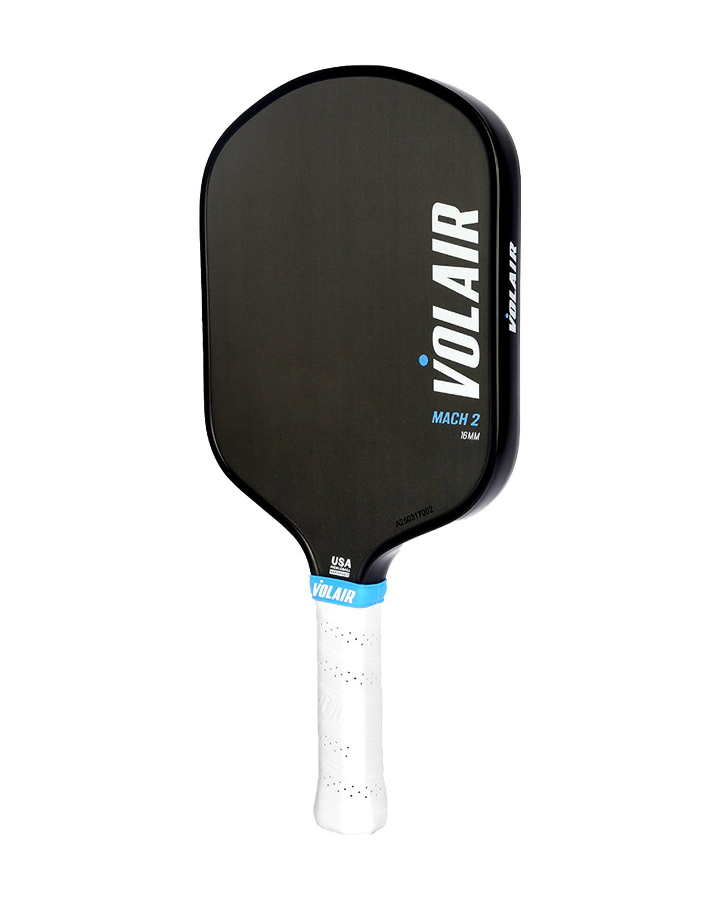 The Volair Pickleball Mach 2 paddle features a black, squared-off top design with white branding, blue accent, and a white textured grip handle. It includes the USA Pickleball Approved logo and comes with a Money Back Guarantee.