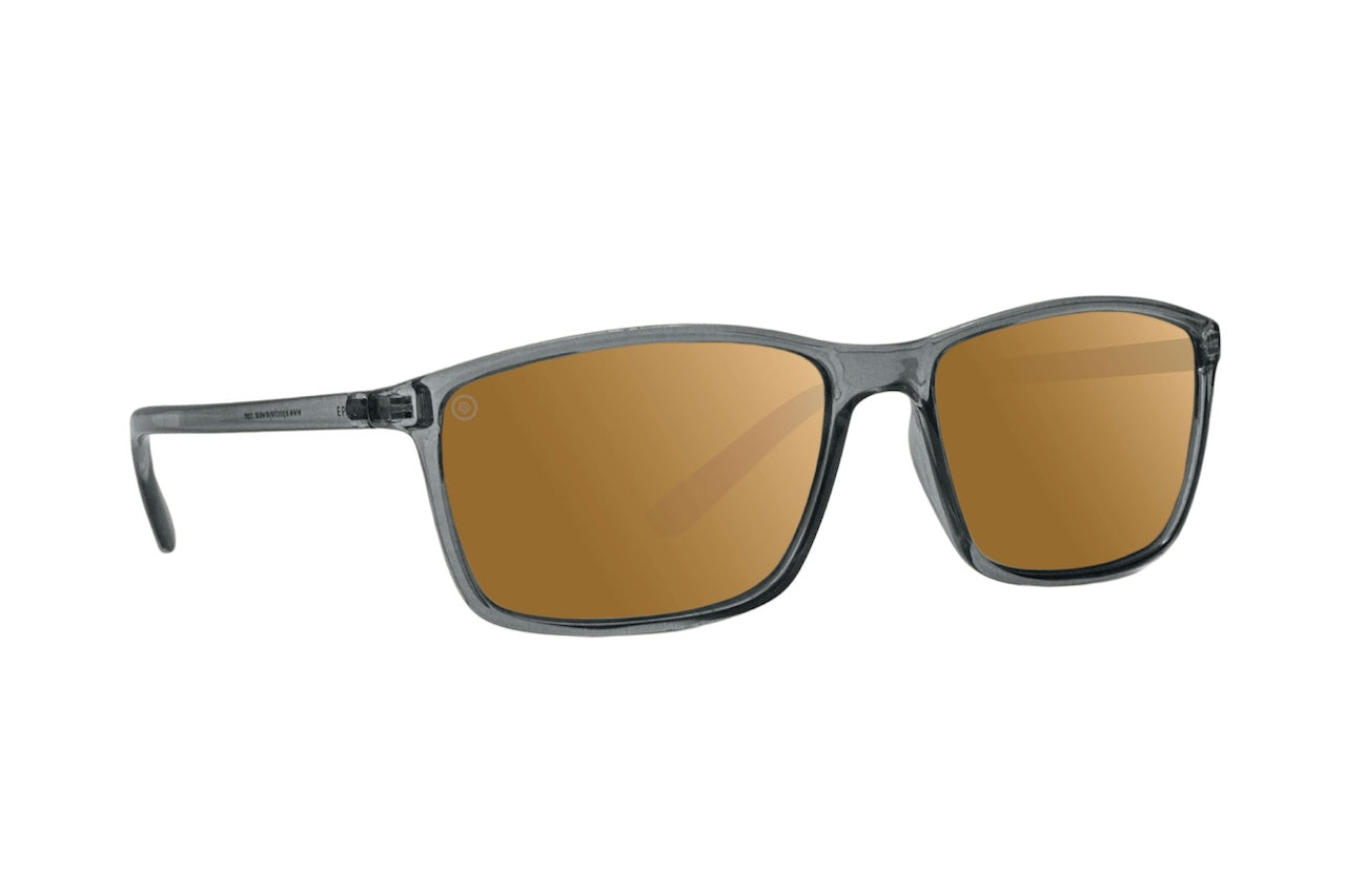 The Murphy sunglasses by Epoch Eyewear feature a translucent gray plastic frame and rectangular, amber-tinted polarized lenses. The modern, minimalist design offers UVA & UVB protection with slightly curved straight arms for comfort.