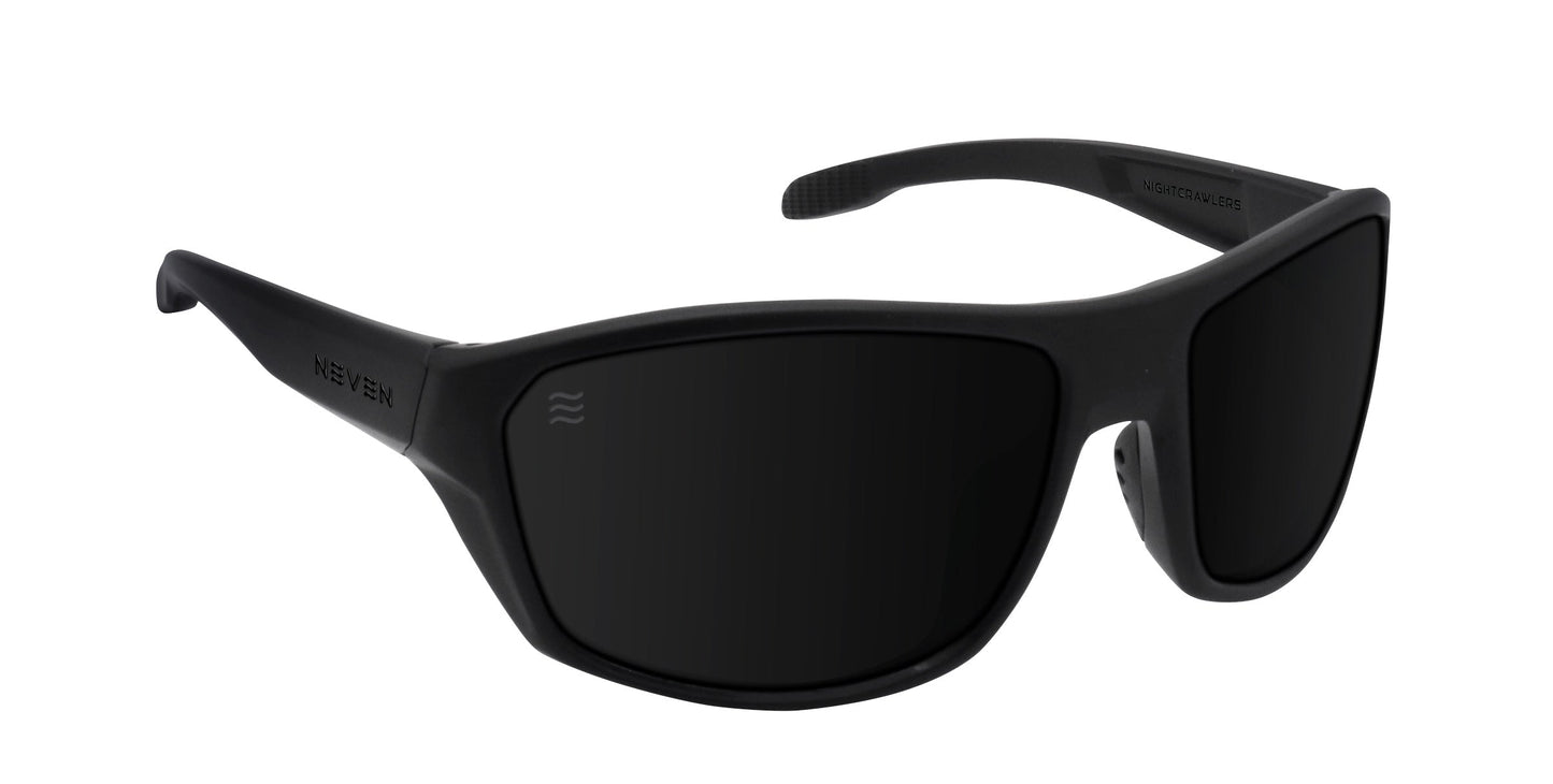 The Raritan by Neven Eyewear are matte black wraparound polarized sunglasses with dark lenses, a curved frame for full coverage, UV400 protection, "NEVEN" on the left arm, and textured grips inside the arms near the hinges.