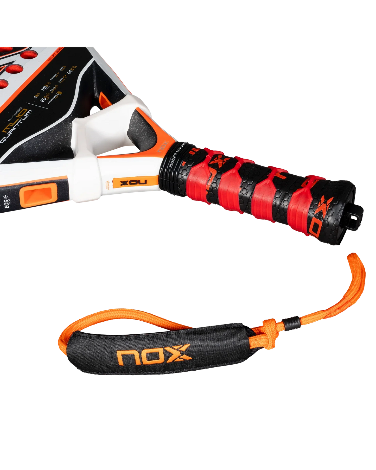 Close-up of a Nox ML10 QUANTUM 3K padel racket handle from Padel USA, wrapped with custom grip and red/black tape. An orange and black NOX wrist strap with an orange cord lies beneath the handle on a white background.