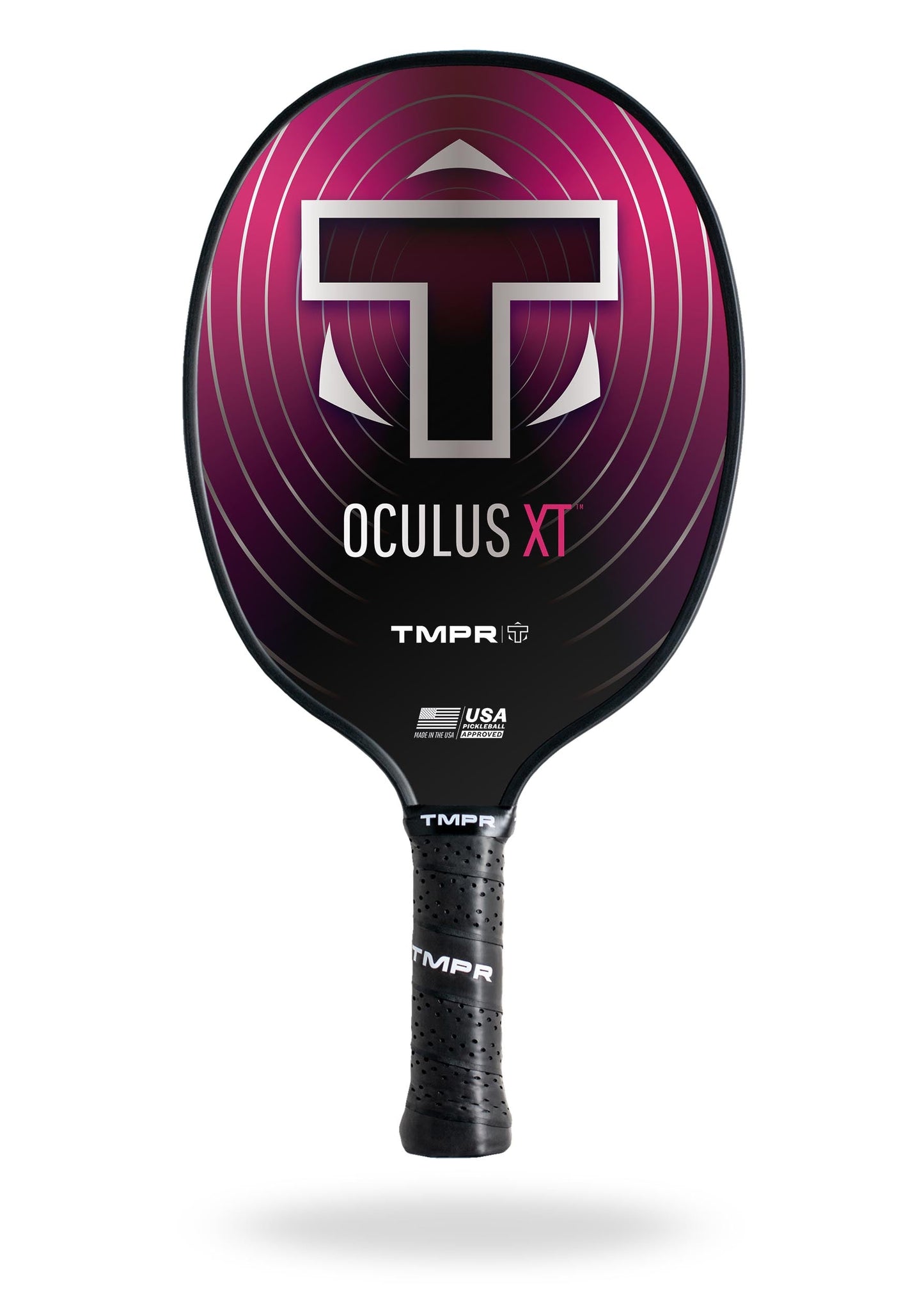 The TMPR Sports Oculus XT pickleball paddle has a black handle, rounded face, magenta and purple concentric rings, a metallic “T” logo, and the text “XT Core paddle,” “TMPR,” and “USA Pickleball Approved” for excellent spin control.