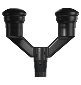 The iReliev MVP+ ShocDuo Massage Tool Head is a black, Y-shaped plastic accessory with two rounded knobs and ShocDuo at the joint, designed for modern style and effective secondary impact absorption.