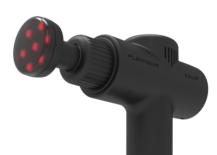 A black MVP+ HeatTip Heated Massage Head from iReliev features a round, red LED-lit tip—designed to enhance muscle recovery with every use.