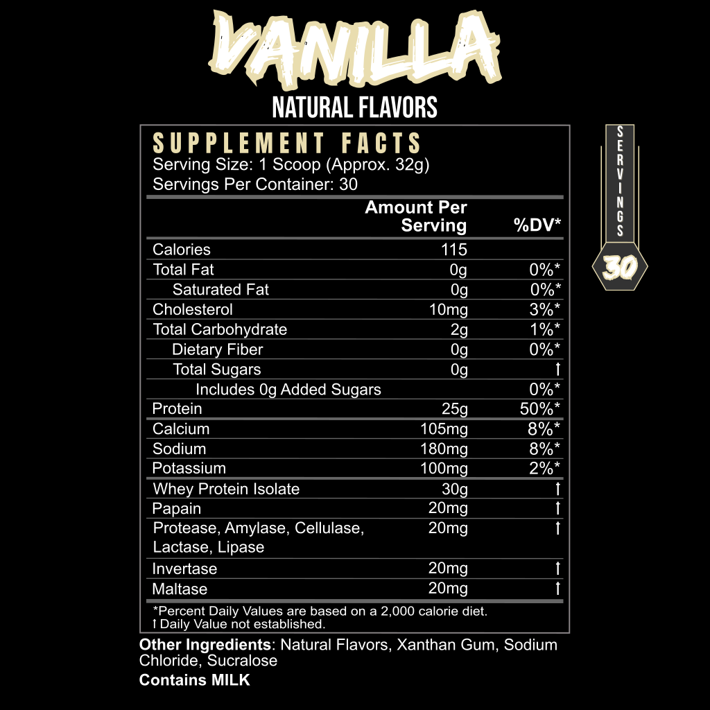 POST HUSTLE by BLACKLABEL Supplements: Vanilla Natural Flavors whey protein isolate. 30 servings, 25g protein/scoop, 115 calories, 1% carbs, 10mg cholesterol, 7% calcium—great for muscle recovery. Contains milk. Black background with white/yellow text.
