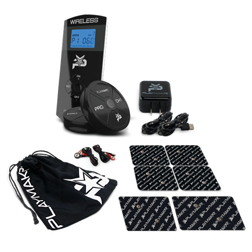 The iReliev PRO Wireless Muscle Stimulator with TENS + EMS includes a digital LCD remote, 2 round controllers, wall charger, USB cable, electrode lead wires, 8 black electrode pads (white logo), and a PLAYMAKER drawstring bag for muscle recovery.