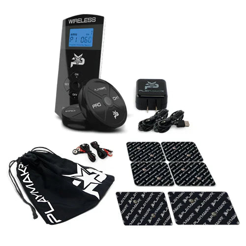 The image shows the iReliev Therapeutic Wearable System—a wireless set with a TENS unit controller, two pulse units, USB charging cables, wall adapter, eight adhesive pads, electrode wires, and a branded pouch for portable pain relief.