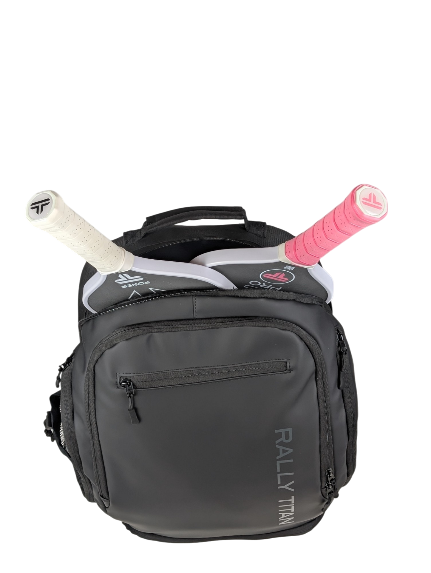 The Titan Pickleball Bag by Rally Titan Pickleball, in black with the logo on the front pocket, holds two paddles—one with a white grip and one with a pink grip—with handles sticking out of the main compartment.