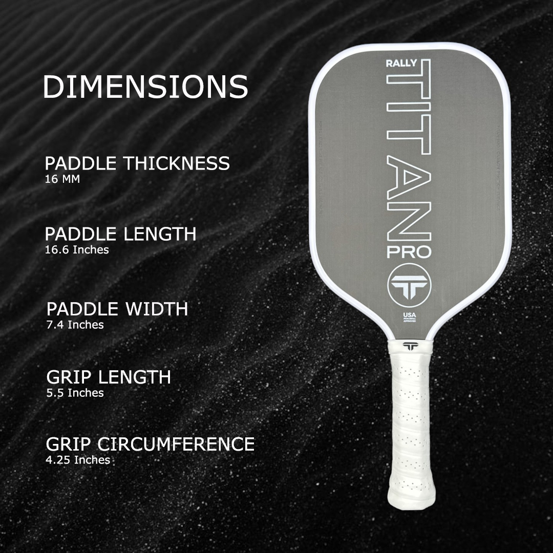 A white Rally Titan Pickleball Titan Pro 16MM paddle with black accents and T700 Titan Carbon Friction Surface appears on the right. On the left, specs highlight its thermoformed unibody construction and foam injected walls over a black textured background.