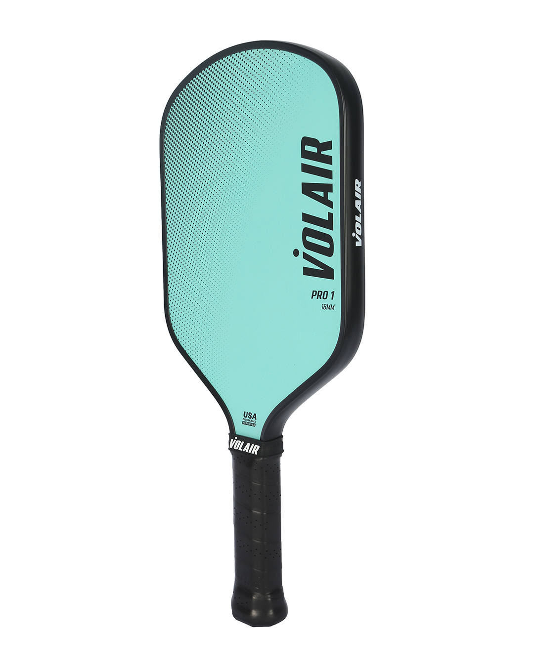 A turquoise Volair Pickleball Pro 1 hybrid paddle with black edging and grip features the Volair logo vertically on the face and a USAP-approved logo above the handle near the throat.