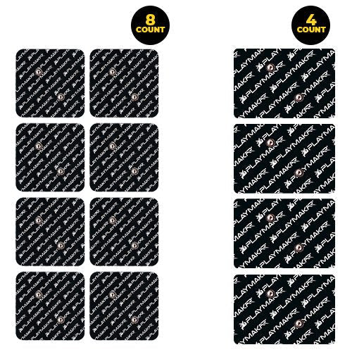 The image displays two groups of iReliev PRO Large & Small Refill Kit black electrode pads: 8 pads (2 columns of four) labeled "8 count," and 4 vertically arranged pads labeled "4 count," both with diagonal white text.