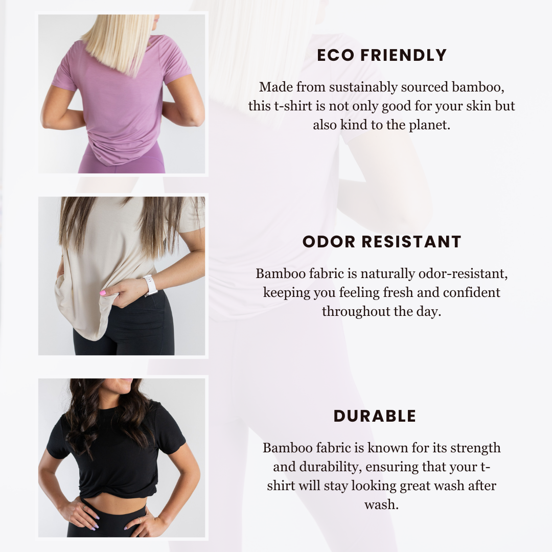 A promotional graphic for DYM Athletics’ Breathe Bamboo T-Shirt | SALE shows three women in purple (eco-friendly), beige (odor resistant), and black (durable) shirts, each with the fabric’s key benefit highlighted on the right.