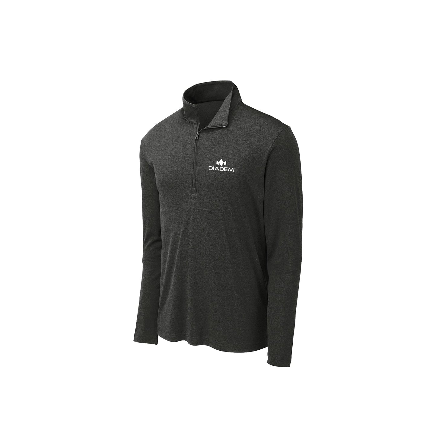 The Diadem Sports Performance 1/4 Zip Pullover is a dark gray, long-sleeve top with a stand-up collar and white logo and brand name on the left chest, shown on a plain white background. Ideal for outdoor activities.
