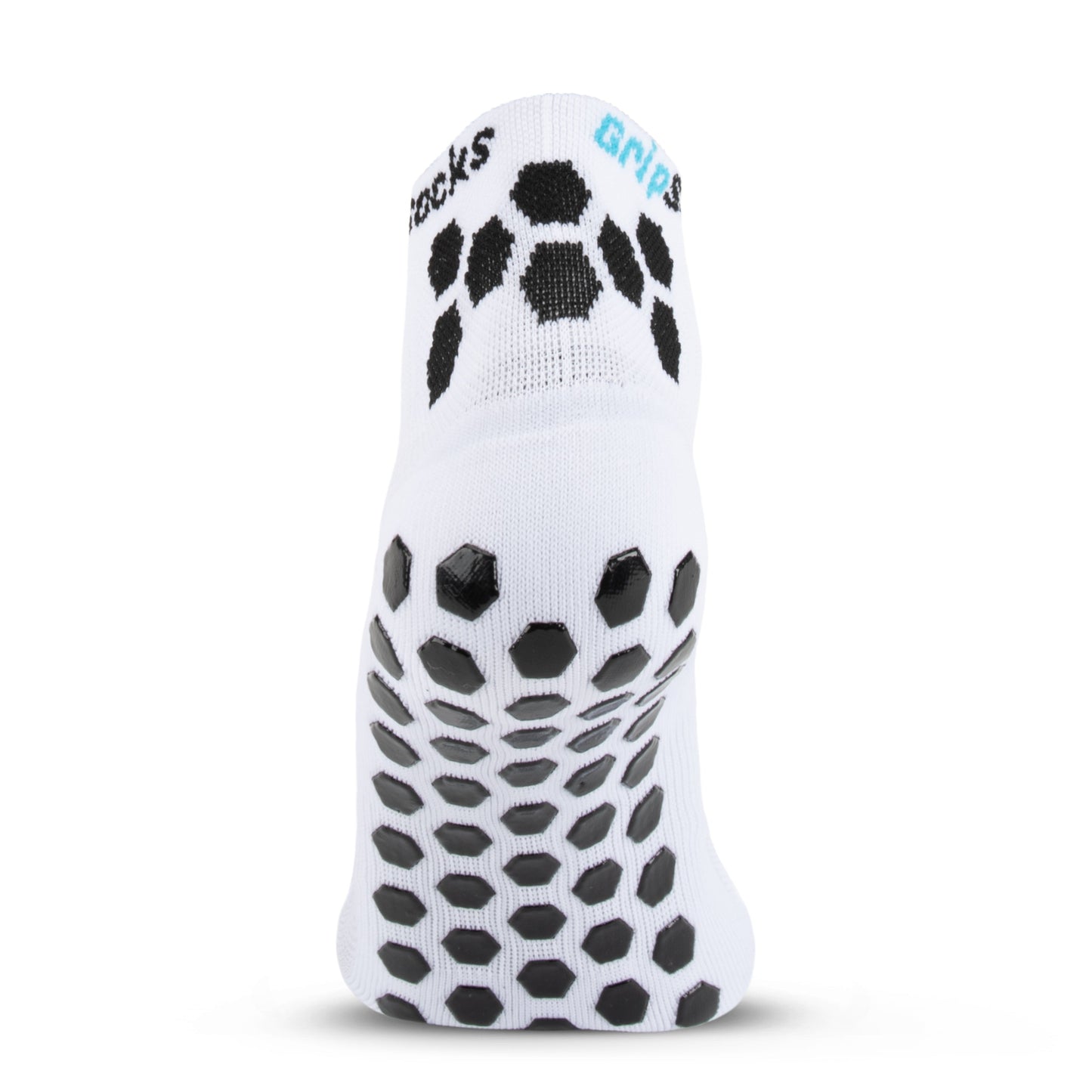 GripSocks Athletic Socks with Grips - 1/4 Crew in White feature anti-blister technology and black grip dots for added comfort during sports.