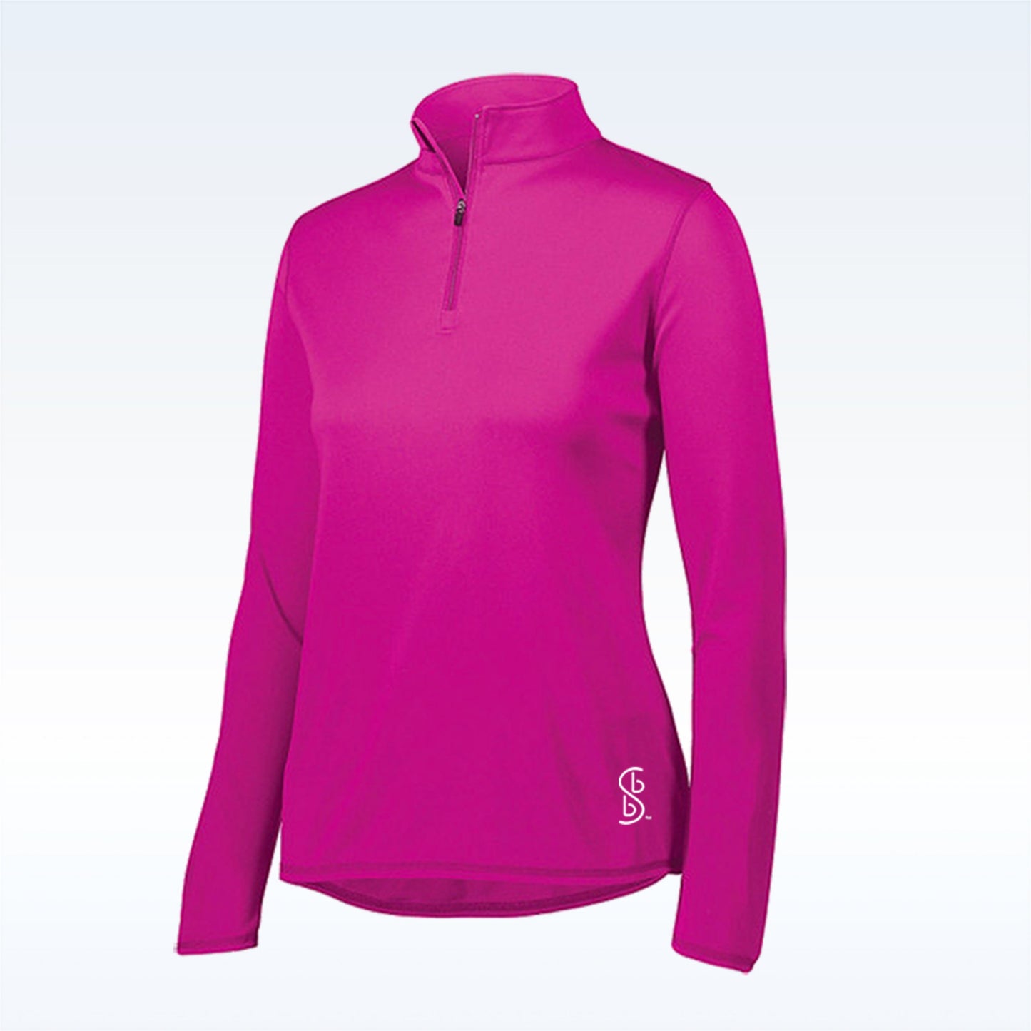The Pickleball Bella PB 1/4 Zip Long Sleeve Pink is a bright pink, fitted athletic pullover with a quarter-zip neckline and small white logo on the lower left, featuring moisture-wicking fabric—ideal activewear against blue-to-white gradient.