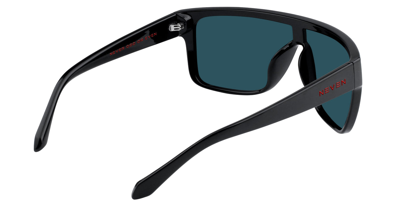 A pair of black, oversized Neven Eyewear Well Done sunglasses with impact-resistant dark blue polarized UV400 lenses and thick angular arms featuring red “NEIVEN” text, shown angled on a white background.