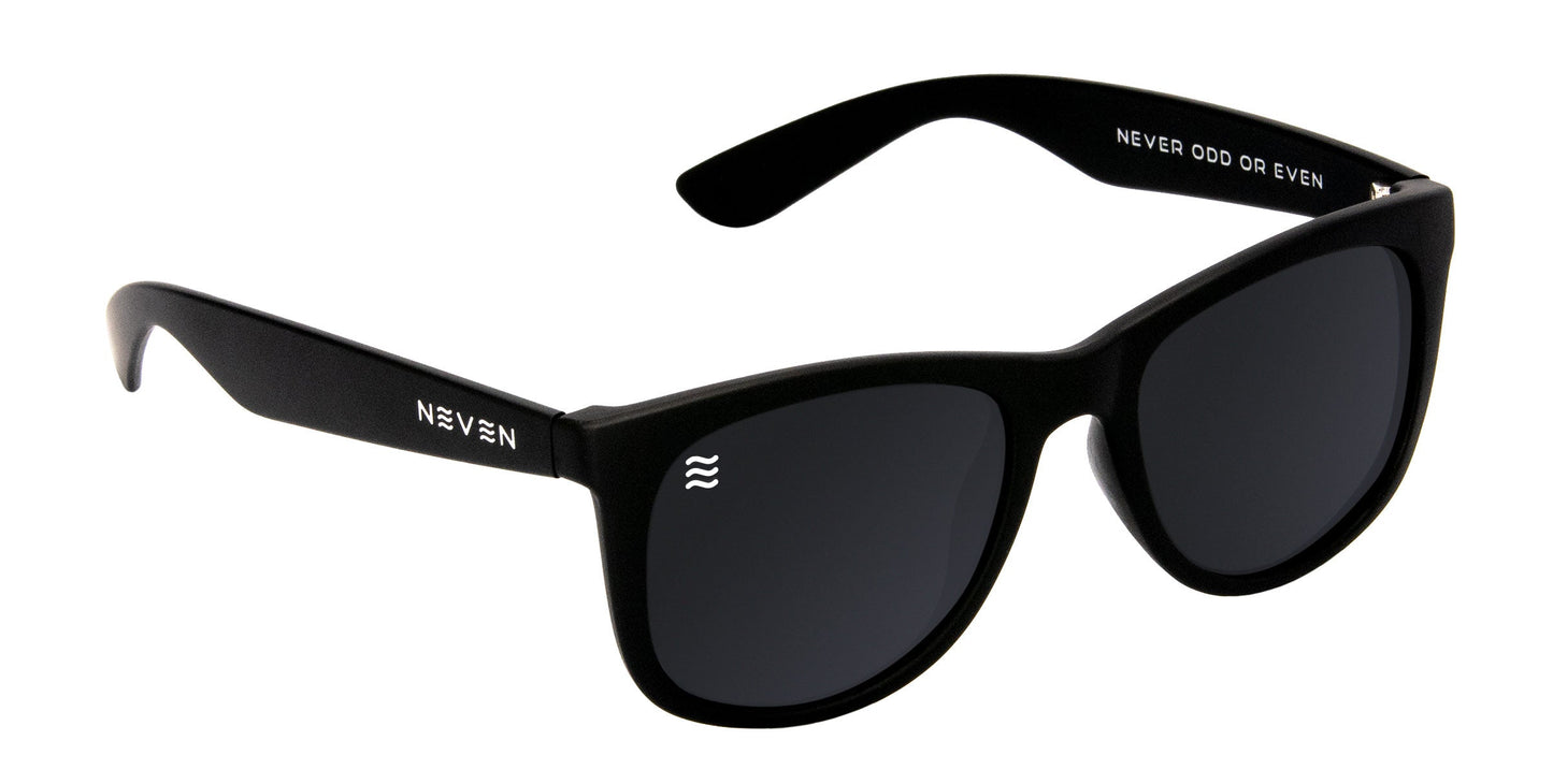 A pair of Classic black polarized sunglasses by Neven Eyewear with UV400 protection. Matte TR90 frames feature NEVEN in white on the left temple, NEVER ODD OR EVEN inside the right, and sleek rectangular lenses with rounded edges.