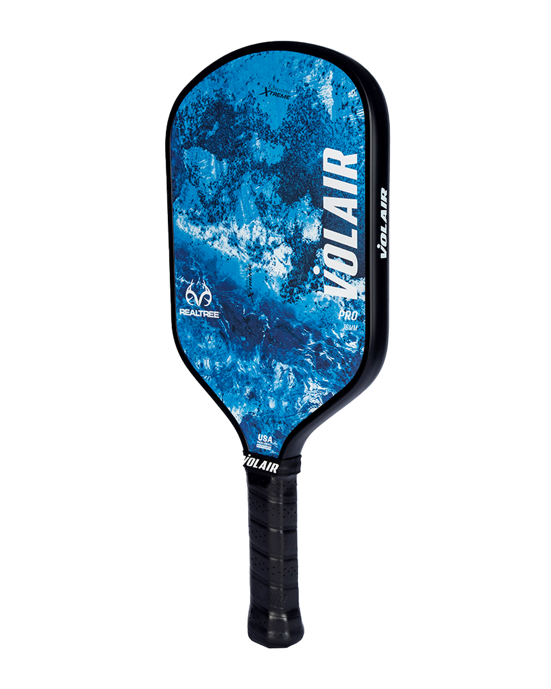 The Volair Pickleball RealTree Pro 1 16mm paddle is USAP-approved, featuring a marbled blue and white fiberglass face with bold VOL AIR letters, and a black edge and handle wrapped in black grip tape.