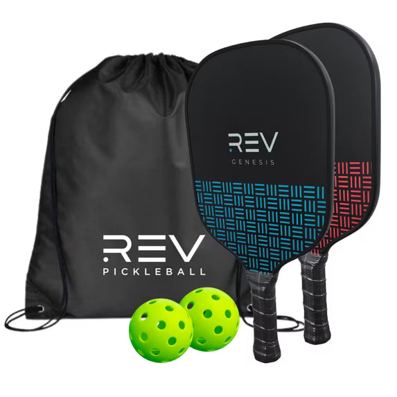 The GENESIS Pickleball Paddle Set by REV Pickleball features two black paddles with geometric designs, two neon green pickleballs, and a black REV PICKLEBALL drawstring bag—ideal for beginners starting out in pickleball.