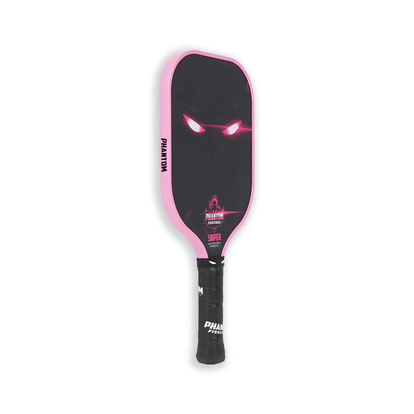 The PHANTOM SNIPER 13MM T800 Carbon Fiber Pickleball Pro Paddle by Phantom Pickleball features a black design with pink trim, glowing pink eyes, PHANTOM printed vertically, and comes with a cover. Part of the Power and Precision series.