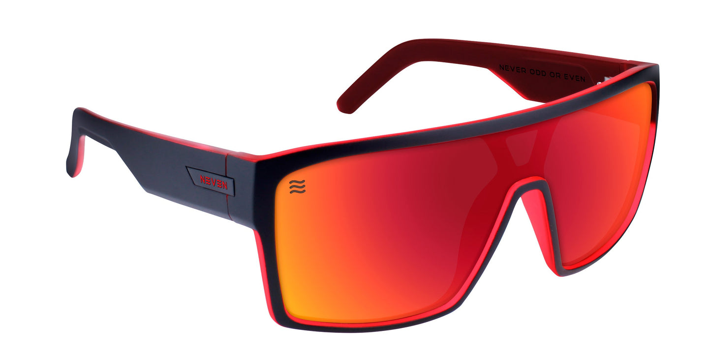 The Neven Eyewear 2nd Light sunglasses feature red and black polarized frames with a bold, angular design and a large, mirrored red-orange lens. With impact-resistant, UV400 lenses and sporty style, these shades offer modern durability and standout appeal.