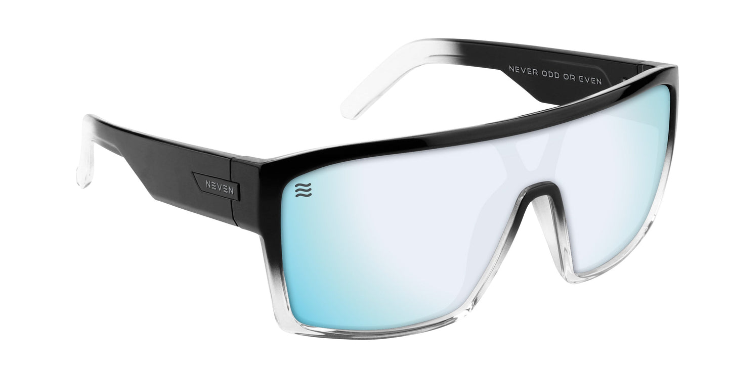 The Inlet by Neven Eyewear features a large, futuristic design with a single mirrored blue lens, thick black-to-clear wraparound frame, polarized UV400 protection, and "NEVER ODD OR EVEN" printed inside the right arm.