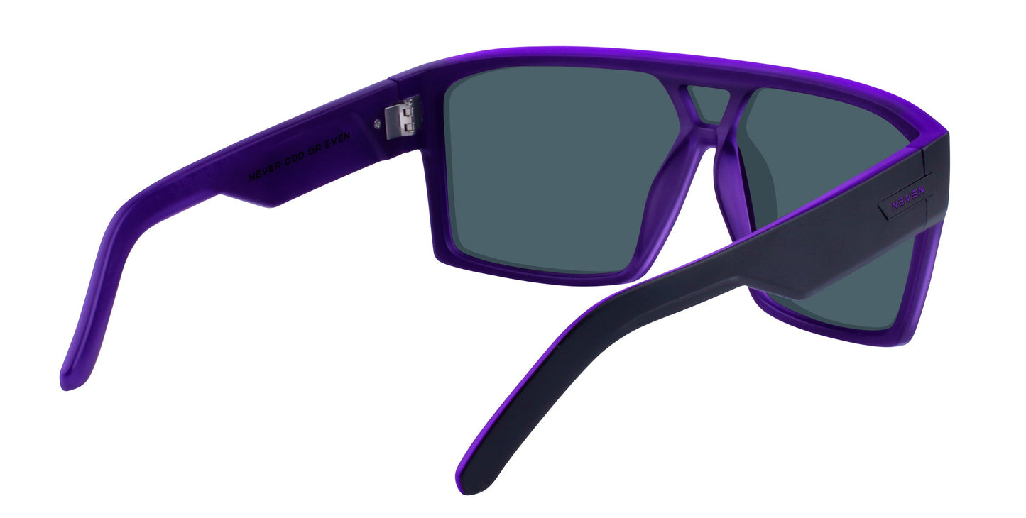 The Neven Eyewear Paradise sunglasses feature angular, geometric purple frames with dark polarized lenses and wide arms. The brand logo sits by the hinge, making them perfect for Paradise Beach or surfing competitions.