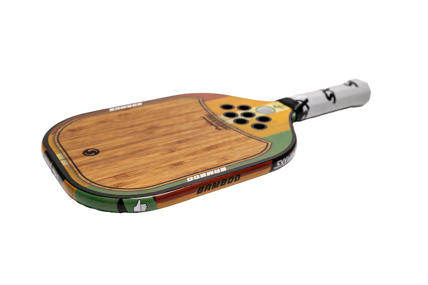 The SXY PKL Bamboo Pickleball Paddle by SEXY Brand has a rounded rectangular bamboo finish, colorful green, red, and yellow edges, nine circular holes, white grip, black symbols, “BAMBOO” on the side, and PlayNeck Technology for enhanced play.