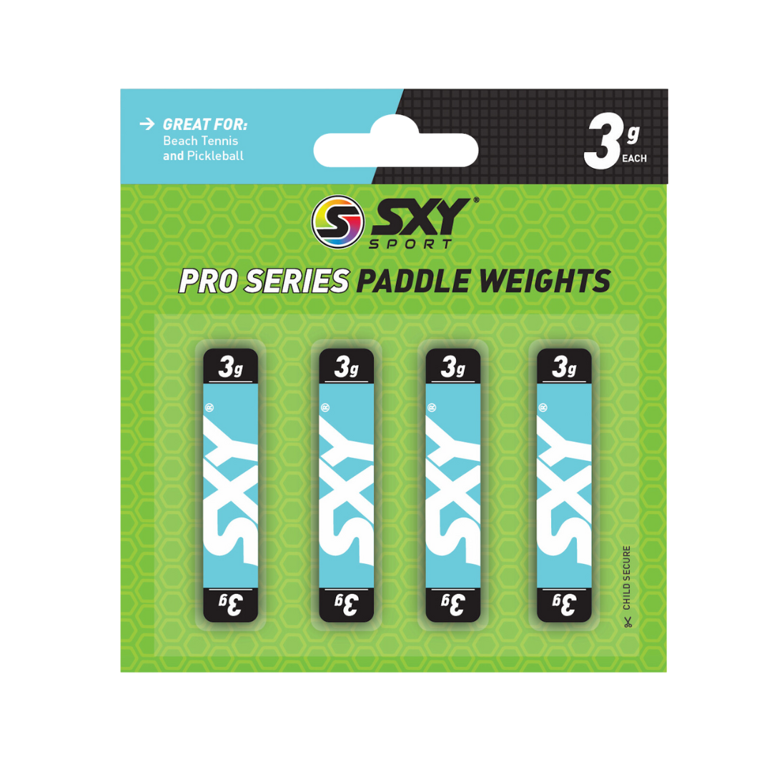 The SEXY Brand SXY Pro Series Paddle Weights retail pack includes four black and blue 3g weights, designed to enhance paddle balance for sports such as beach tennis and pickleball.