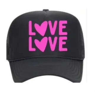 The Runway Athletics Trucker Hat - Black/Hot Pink Love Love features "LOVE LOVE" in bold pink letters with heart-shaped O's, plus mesh side and back panels for comfort and breathability.