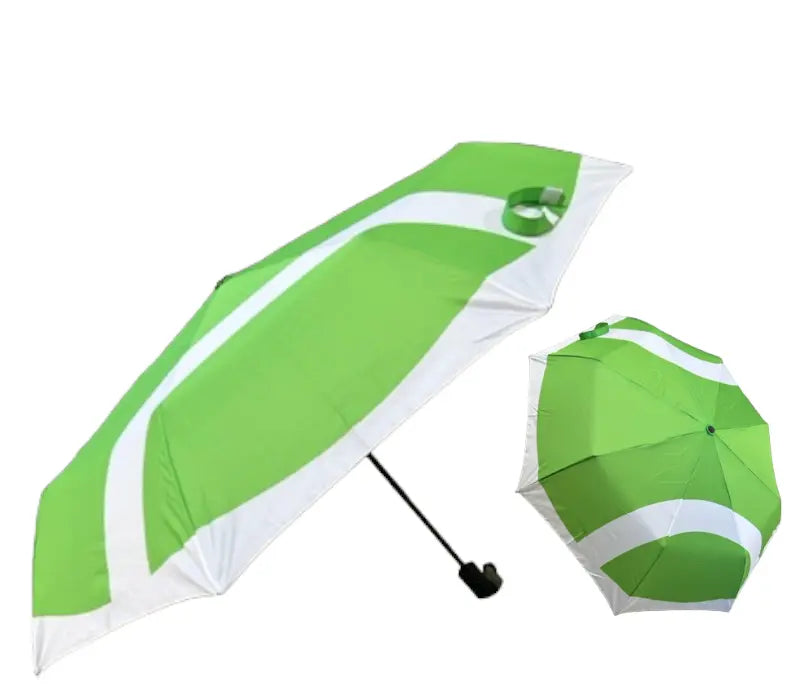 The Umbrella - Green Tennis Ball by Runway Athletics is a compact 21-inch, green and white 8-panel umbrella with a bold white stripe, modern design, and black handle. Shown open from the side and above against a plain white background.