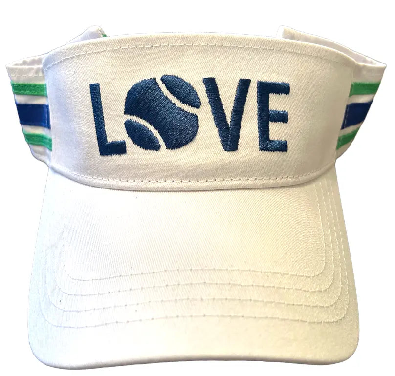 The Runway Athletics Striped Cotton Canvas LOVE Visor features white fabric, navy "LOVE" on the front with a tennis ball O, plus green and blue side stripes for sun protection and sporty style.