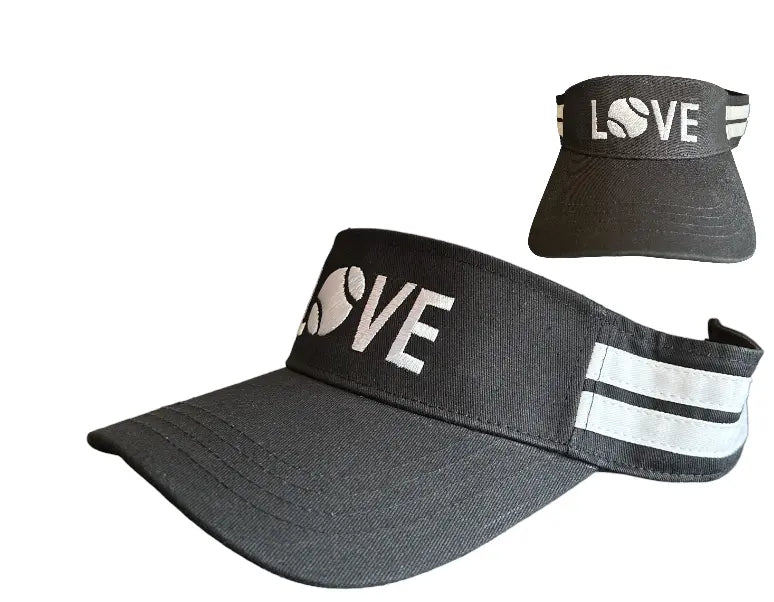 The Runway Athletics Striped Cotton Canvas LOVE Visor features black cotton canvas with white "LOVE" embroidery (O as a tennis ball), sporty white side stripes, and offers sun protection. A small corner image shows the front view.