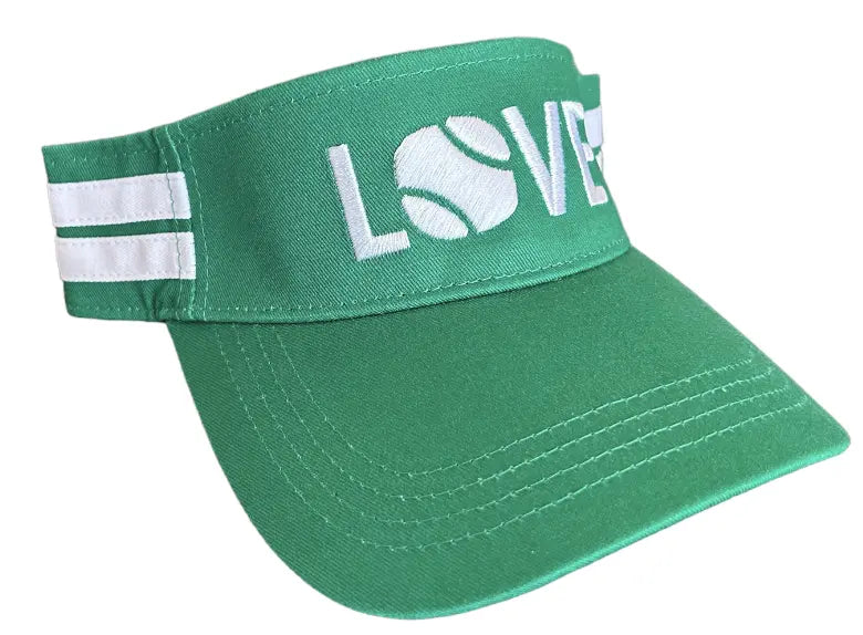 The Striped Cotton Canvas LOVE Visor by Runway Athletics features green cotton canvas, white stitching, two left stripes, and "LOVE" with a tennis ball “O.” Ideal for sun protection on or off the court.