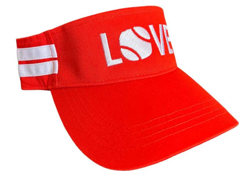 The Striped Cotton Canvas LOVE Visor by Runway Athletics features a bright red adjustable cotton band with two white stripes, "LOVE" in white embroidery (O as a tennis ball), and a curved brim for sun protection.