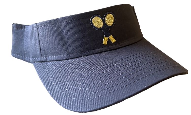 The Cross Court Twill Visor - Navy by Runway Athletics features a yellow and white embroidered design of two crossed tennis rackets on the front and visible stitching on the brim, making this tennis-inspired visor stand out against a white background.