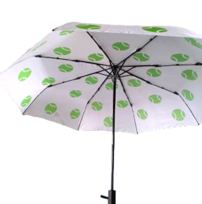 The Runway Athletics Umbrella - Green Tennis Balls features a white 8-panel canopy, black frame and handle, and a repeating green tennis ball pattern. This custom 21-inch umbrella is open to display the evenly spaced prints inside.