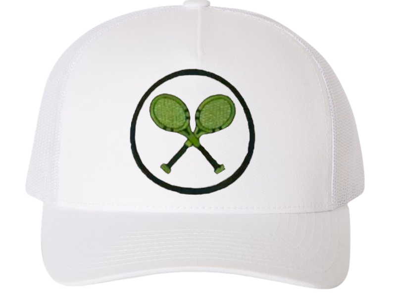 The Runway Athletics Embroidered Patch Hat is a white mesh baseball cap with a circular patch on the front, featuring two green tennis rackets framed by a black circle for a subtle country club flair.