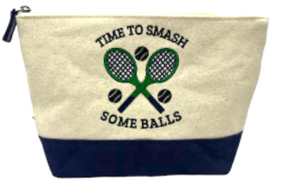 The Cotton Clutch- Time to Smash Some Balls by Runway Athletics is a white and blue tennis pouch, perfect for keeping your rackets, balls, and gear organized in style.