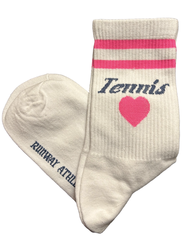 The Runway Athletics Tennis Heart Socks - Pink/Navy are crew length cotton socks with a heart design.