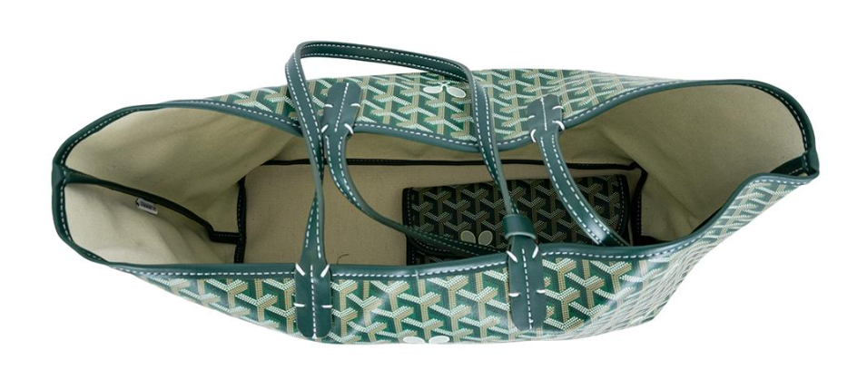 A top-down view of The Whimsy Tennis Lovers Large Tote in green by Runway Athletics shows matching green handles, tan interior, an attached pouch, and a lightweight exterior with a white and green chevron pattern.