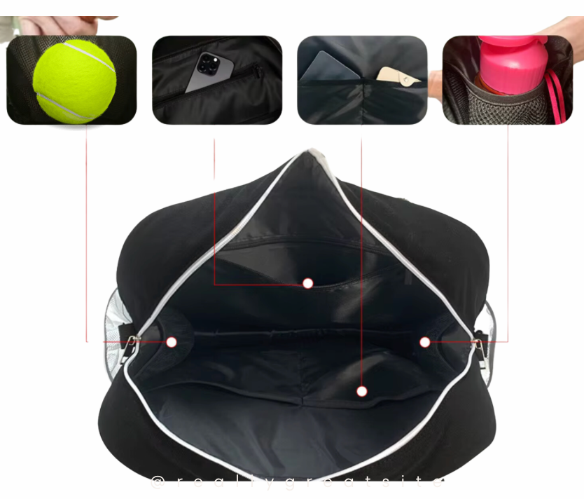 The Quilted Puffer Tennis Tote in White by Runway Athletics is shown open, displaying several inner compartments. Close-ups above the bag highlight a tennis ball pocket, phone pocket, key clip, water bottle holder, and extra inner pocket.