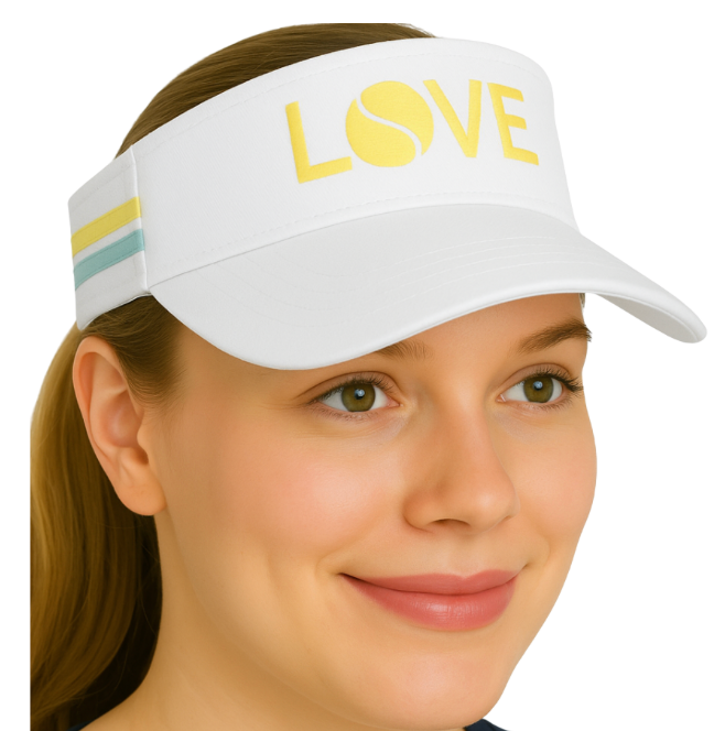 A woman wearing a Runway Athletics Striped Cotton Canvas LOVE Visor in white with yellow LOVE for sun protection.