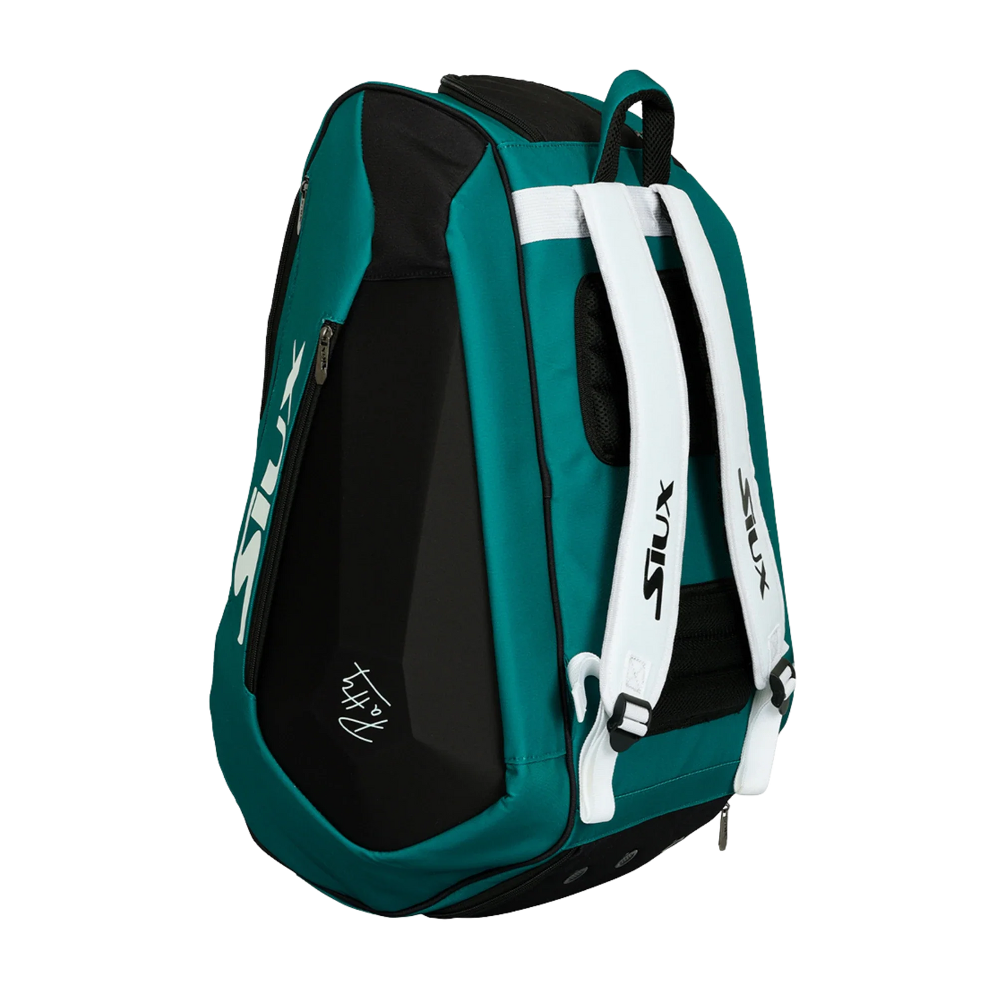 The Siux Trilogy SS24 Padel Bag from Padel USA is a durable, spacious teal and black bag with white padded straps, “Siux” logo on the sides and straps, zippered side pocket, mesh accents, and a distinctive graphic.
