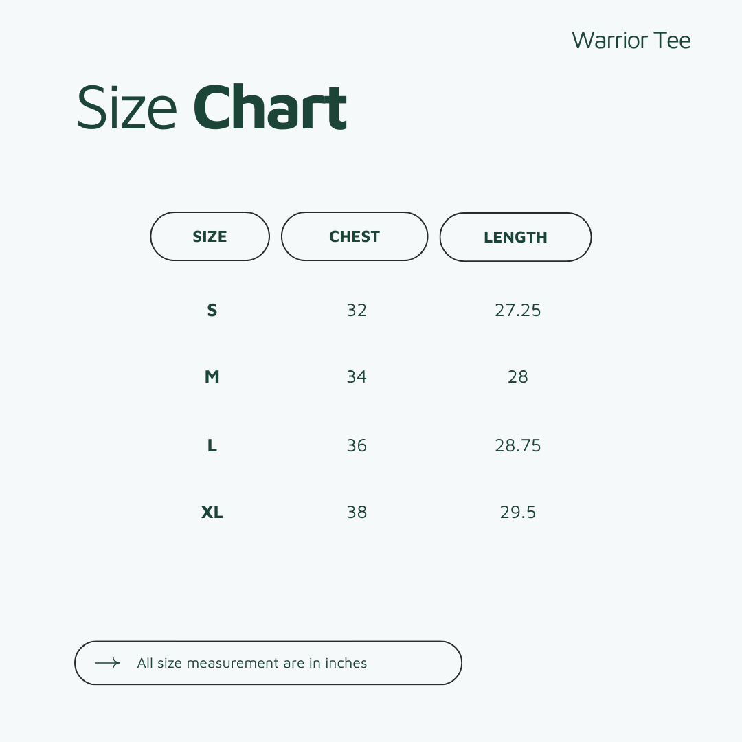 The Playly Store Warrior Tee size chart lists S-XL, chest 32-38" and length 27.25-29.5" (all in inches). This moisture-wicking athletic fit shirt is perfect for pickleball.
