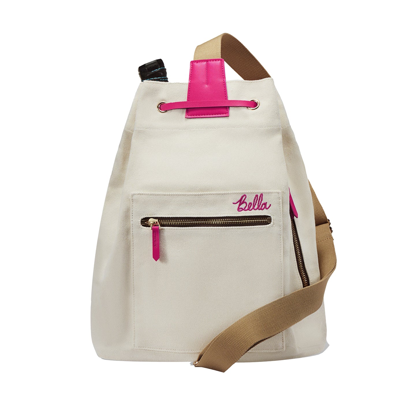 The Pickleball Bella PB Neon Hot Pink Pickleball Drawstring Bag features a beige canvas body, front zippered pocket, brown adjustable strap, bright pink handle and zipper pull, with “Bella” embroidered in pink on the front.